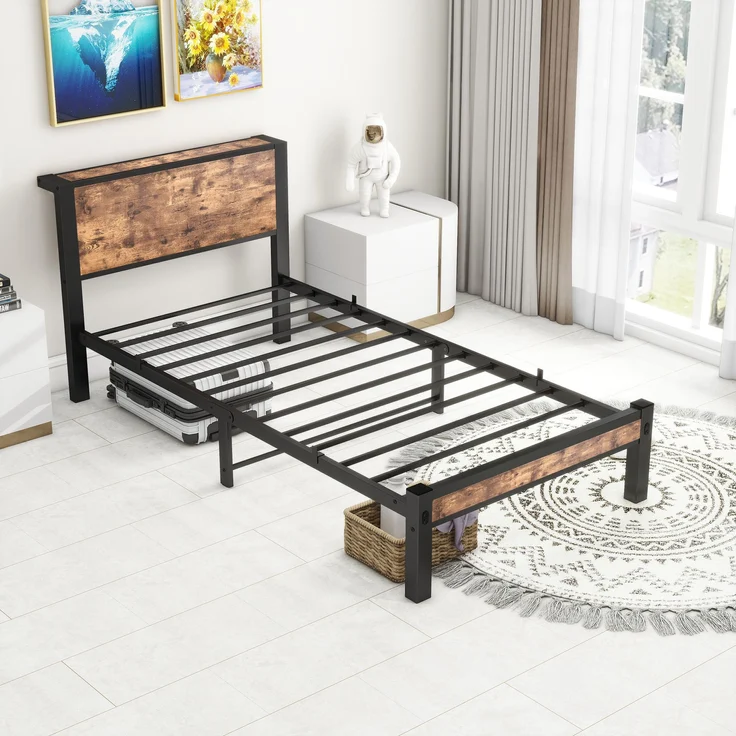 Bett 90x200 cm mit Stauraum – Einzelbettgestell aus MDF und Metall in Antique brown – Bild 8