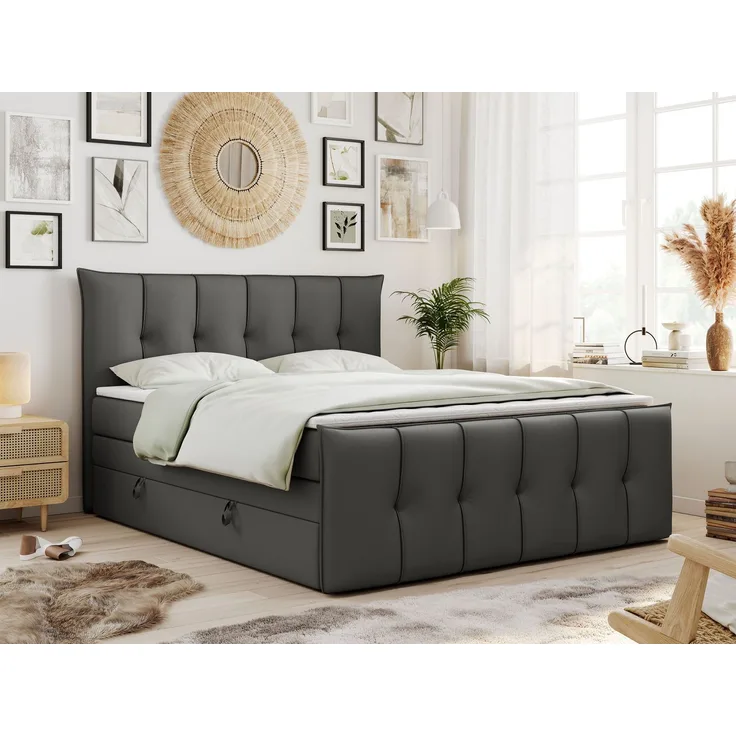Boxspringbett KING DE LUX - 7-Zonen Matratze - PREMIUM-11-KING - 160x200cm - Dunkelgrau Kunstleder - H3