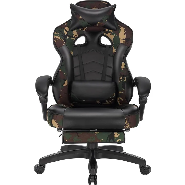 WOLTU Gaming Stuhl Racing Stuhl Bürostuhl Chefsessel Schreibtischstuhl Sportsitz mit Kopfstütze und Lendenkissen, mit Fußstütze, Kunstleder+Stoff, höhenverstellbar, Camouflage, BS71cm