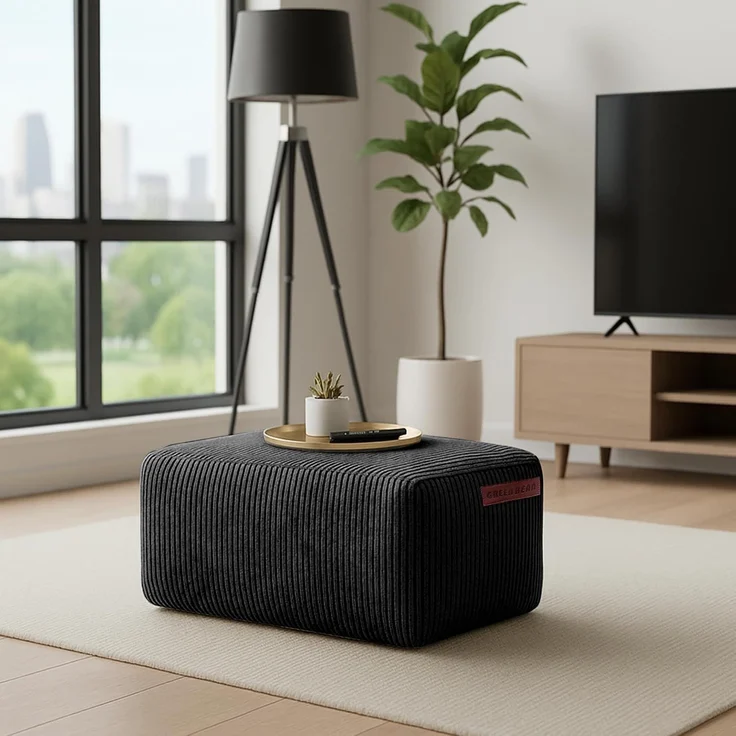 Green Bean® Indoor Sitzhocker Pouf 70x33x28cm EPS-Perlen Füllung & Cordstoff Kuschelig Weich Waschbar - Drinnen Bodenkissen Liegekissen Sitzkissen Sitzhocker Relax-Sessel Kinder Erwachsene Stoff Schwarz – Bild 2