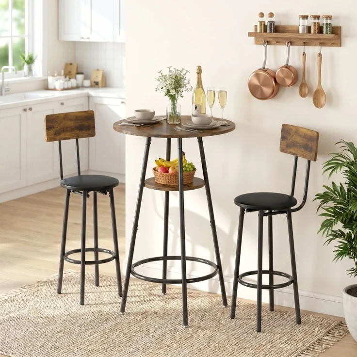 Bartisch-Set 91x60x60 cm für 2 in Rustikalbraun mit Holzwerkstoff und gepolsterten Barhockern – Bild 1