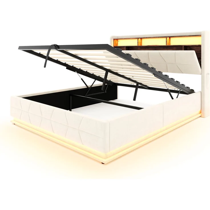 LVHOM Doppelbett 140x200cm mit LED&USB, Polsterbett mit hydraulischem Stauraum, Samtstoff, Beige – Bild 10