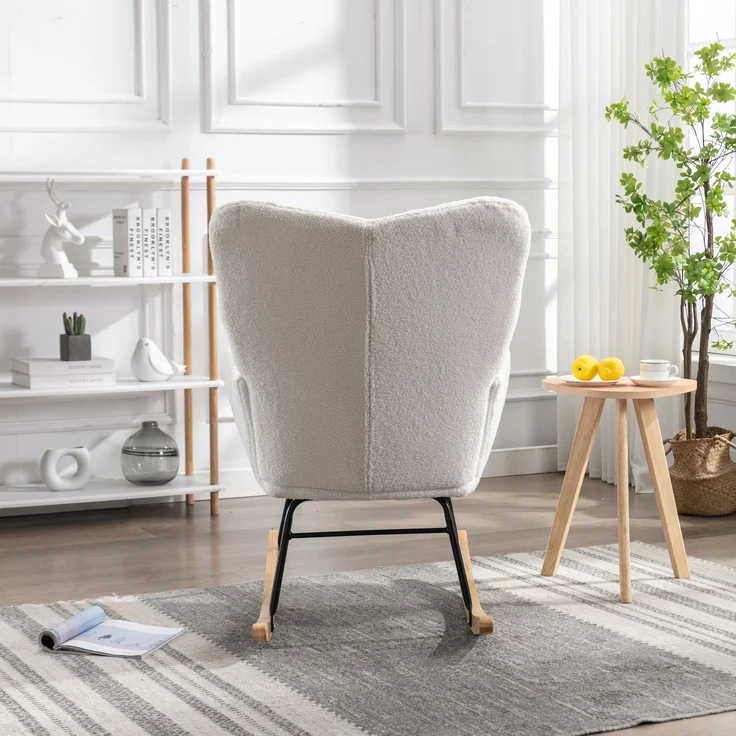 Teddy Weiß Schaukelstuhl mit Holzrahmen und Metallbasis, ergonomisch gepolstert, leises Design für Wohnzimmer & Schlafzimmer – Bild 5