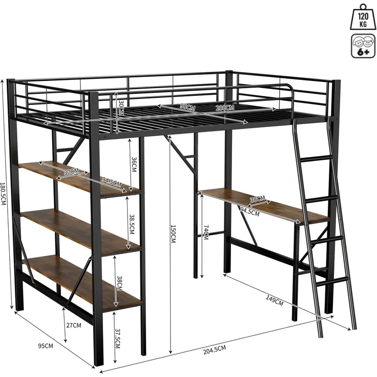 Rayofly-Metall-Hochbett H 200cm x T 90cm x B 200cm, Schreibtisch und drei große Ablagen, für Kinder, Jugendliche und Erwachsene, Schwarz, ohne Matratze – Bild 5