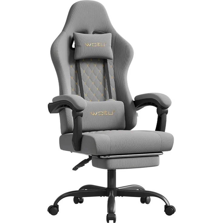 WOLTU Gaming Stuhl mit Massagefunktion, Computerstuhl mit Taschenfederkissen, Gamer Sessel ergonomisch, Drehstuhl mit Kopfkissen, Lendenkissen, Fußstütze, 150 kg, Netzstoff, Grau + Gelb, GS08gr – Bild 1