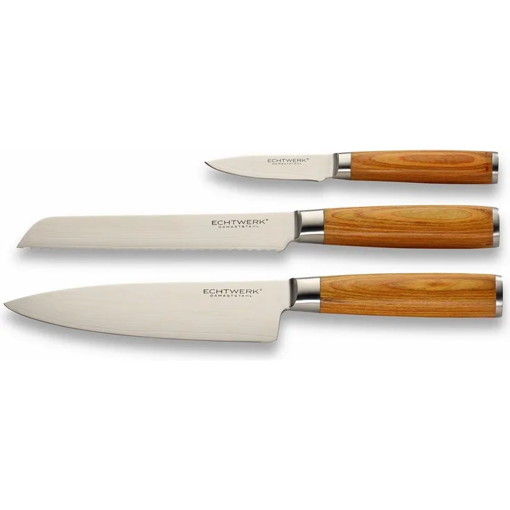 ECHTWERK Messer-Set Damaszener (Set, 3-tlg), Küchenmesser-Set mit Holzgriffen in natürlicher Optik
