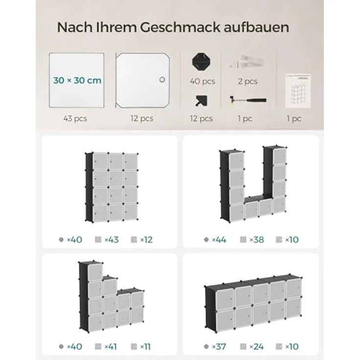 Songmics Regalsystem, Schuhregal, Set aus 12 Würfeln, Kleiderschrank aus Kunststoff, mit Türen, Steckregal, Aufbewahrung von Kleidung, Schuhen und Büchern, einfache Montage, schwarz LPC34HV1 – Bild 8