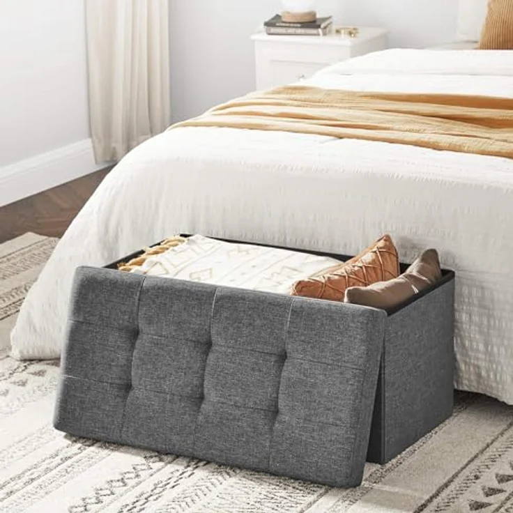 Songmics Sitzbank mit Stauraum, Sitztruhe, Sitzhocker, Aufbewahrungsbox, Fußablage, faltbar, belastbar bis 300 kg, 80 L, 76 x 38 x 38 cm, Leinenimitat, dunkelgrau LSF47K – Bild 8