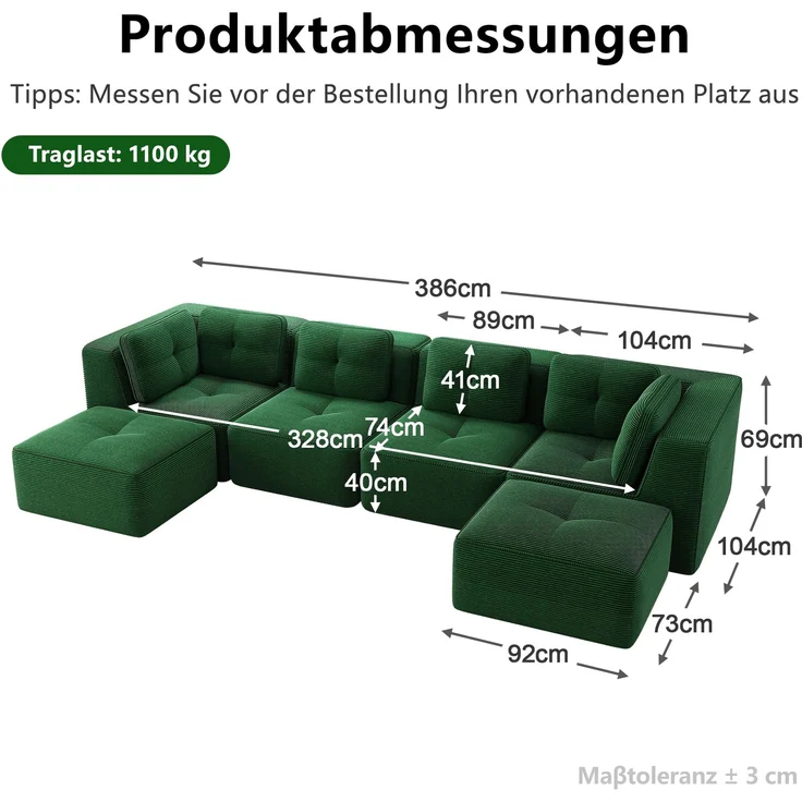 Wohnora-Modulares Wohnzimmersofa ohne Gestell, modulares Ecksofa, U-förmiges Sofa mit Ottomane, tiefes Schlafsofa, rutschfestes Design, keine Montage erforderlich,Grün,H 69cm x T 386cm x B 177cm – Bild 4