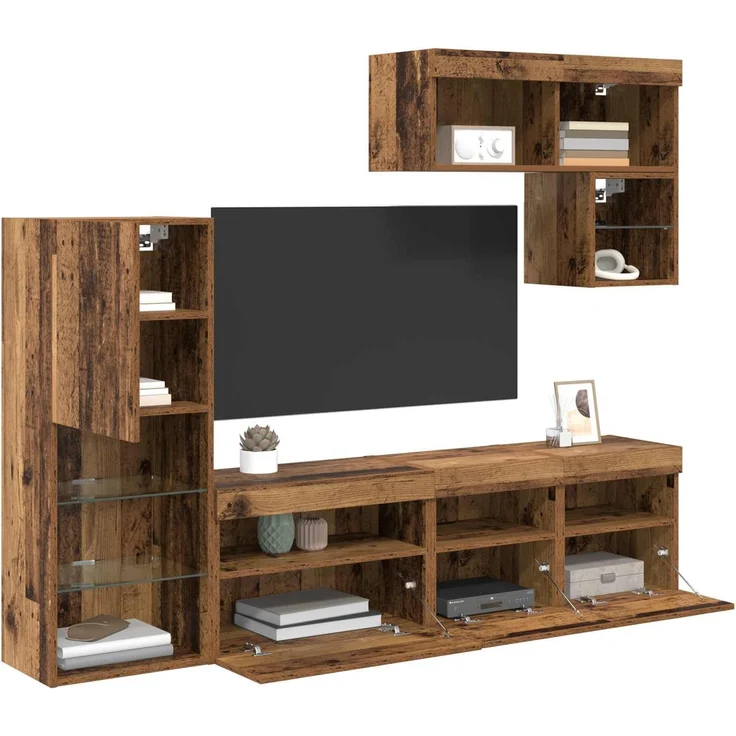 vidaXL TV-Wandgeräte mit LED-Lichtleisten 6 pcs Altholz Holzwerkstoff 3402974 – Bild 2