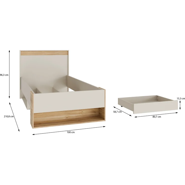 Stauraumbett >WEXLIN< in Sand / Mauvella Eiche Dekor - 100x96,3x210,8cm (BxHxT) – Bild 8