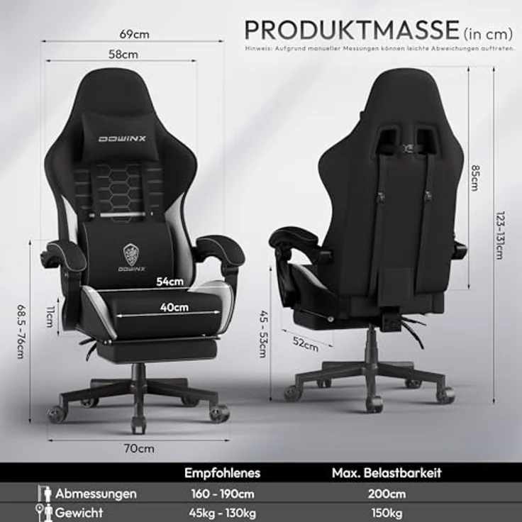 Dowinx Gaming Stuhl Tasche Frühling Kissen, Atmungsaktiver Bürostuhl aus Hochwertigem Stoff, Ergonomischer PC-Stuhl mit Kopfstütze, Drehbarer Schreibtischstuhl mit Fußstütze (Schwarz und Weiß) – Bild 4