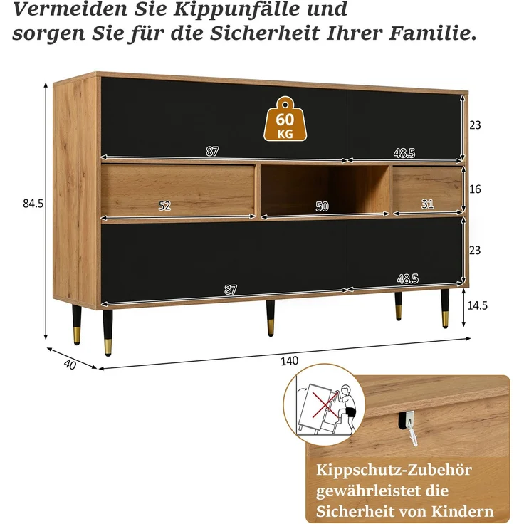 DESVIAE Sideboard Natur/Schwarz aus MDF/Spanplatte – 140x84,5x40 cm – 2 Schubladen, Klappfronten – Bild 4