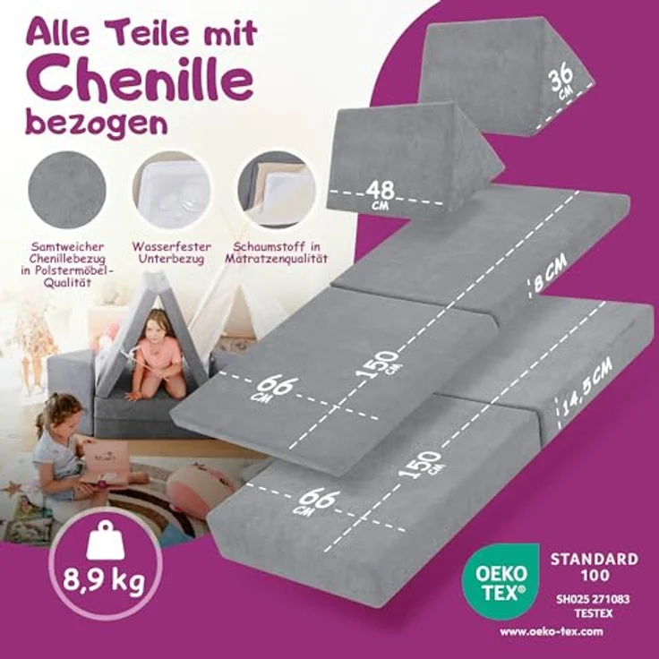 Linodino Kindersofa Spielsofa I aus Schaumstoff Bausteine I Spielcouch für Kinder, Wasserfeste Unterbezüge, Waschbare Chenille Bezüge 30° – Bild 6
