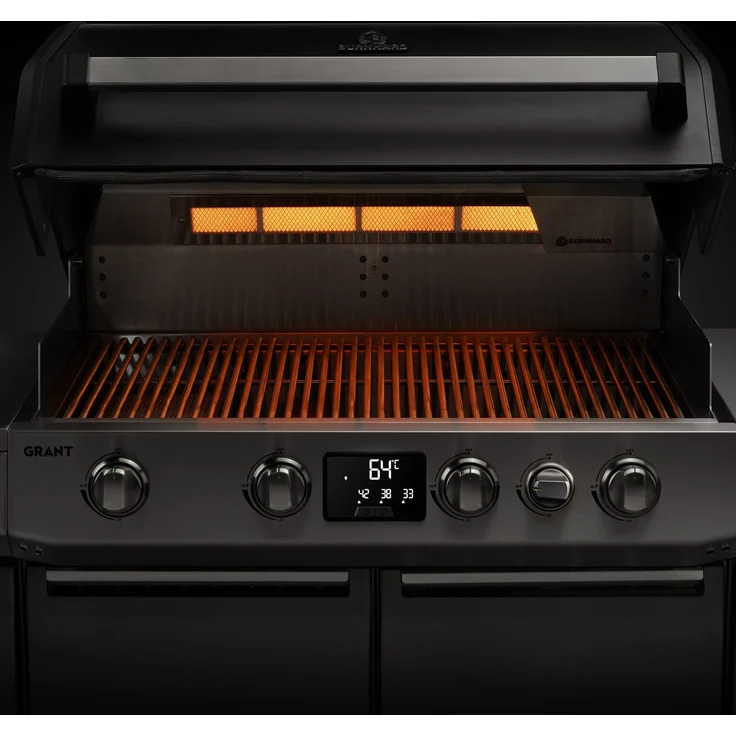 BURNHARD® GRANT Base + Gasgrill – 4-Brenner Modulargrill mit Gusseisen-Rosten & Türen – Infrarot Heckbrenner und 1x Infrarot Brenner für Brennkammer– LED Display – 17,7 kW - Schwarz - #946770 – Bild 7