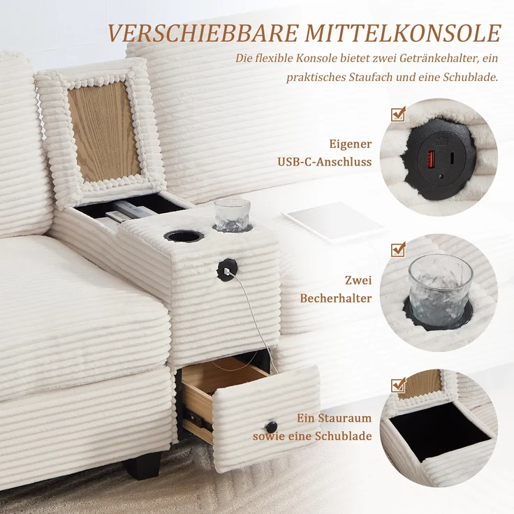 LVHOM 3-Sitzer Sofa mit Hocker, L-Form Ecksofa mit Stauraum, USB-C-Anschluss und 2 Getränkehaltern, modulares Sofa, Beige – Bild 5