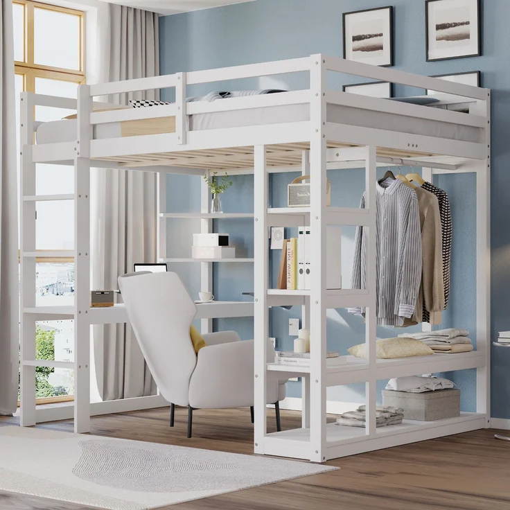 Hochbett 140x200 cm mit Schreibtisch und Stauraum,Kinder- & Jugendbett aus Massivholz,Leiter & Regale,Weiß – Bild 3