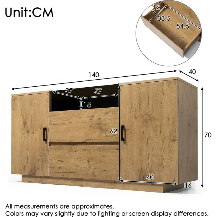 Merax Kommode Sideboard mit 2 Schubladen + 2 Schränken (innen höhenverstellbar) & offenem Fach - ESG-Glas & schwarze Griffe, H70/B140/T40 cm – Bild 4