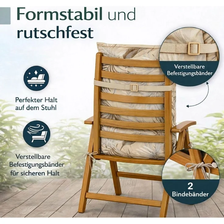 BURI 2x Hochlehner Auflage 117x49x6 cm - wetterfeste Gartenstuhlauflage mit Schaumkern & Vollvlies, Halteband & Bindebänder, bequemes Stuhlpolster für Balkon, Terrasse & Garten (Beige-Blätter) – Bild 4