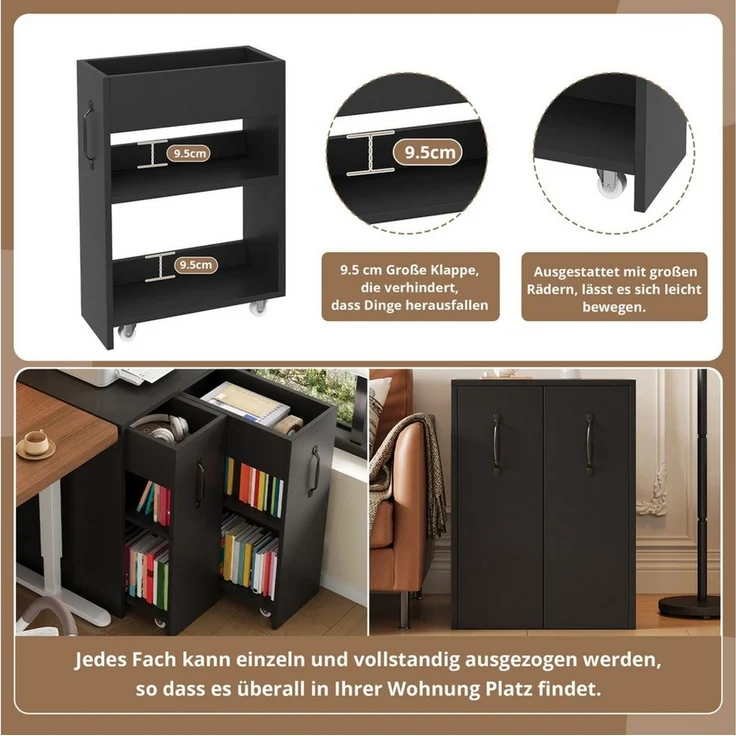 Celya Aktenschrank Aktenschrank auf Rollen 52x50x75 cm, mit Fächern und Schubladen (Sofa-Beistellschrank, Nachttisch, Einzelschrank voll ausziehbar, mit Absturzsicherung) Aktenschrank aus Holz, links-rechts tauschbar,Schwarz – Bild 3