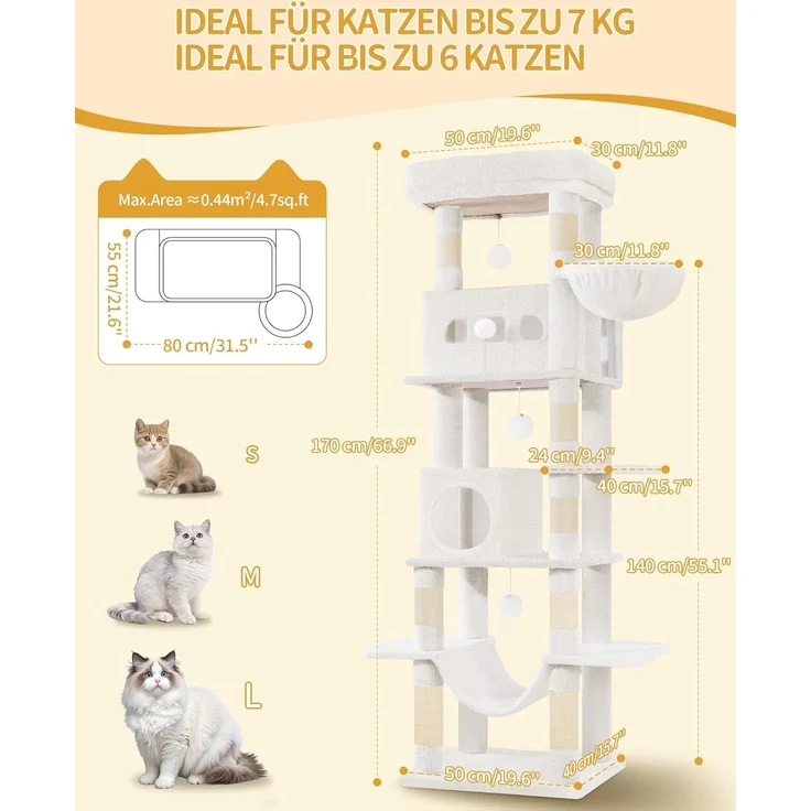 Kratzbaum groß, 170 cm hoch, Katzenbaum, mit 8 Kratzbäume, 2 Höhlen, groß Plattformen, Waschbare Matte, Hängematte, Plüschbälle, mehrstöckiger katzenkratzbaum, Cremeweiß – Bild 8
