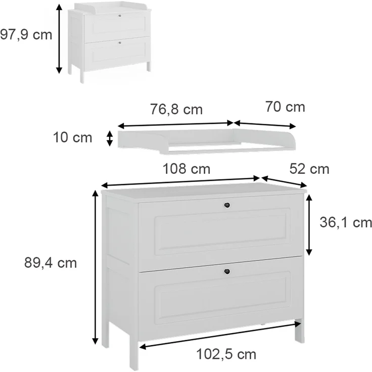 Wickelkommode Ajaton Weiß 108 x 98 cm mit 2 Schubladen Vitalispa – Bild 3