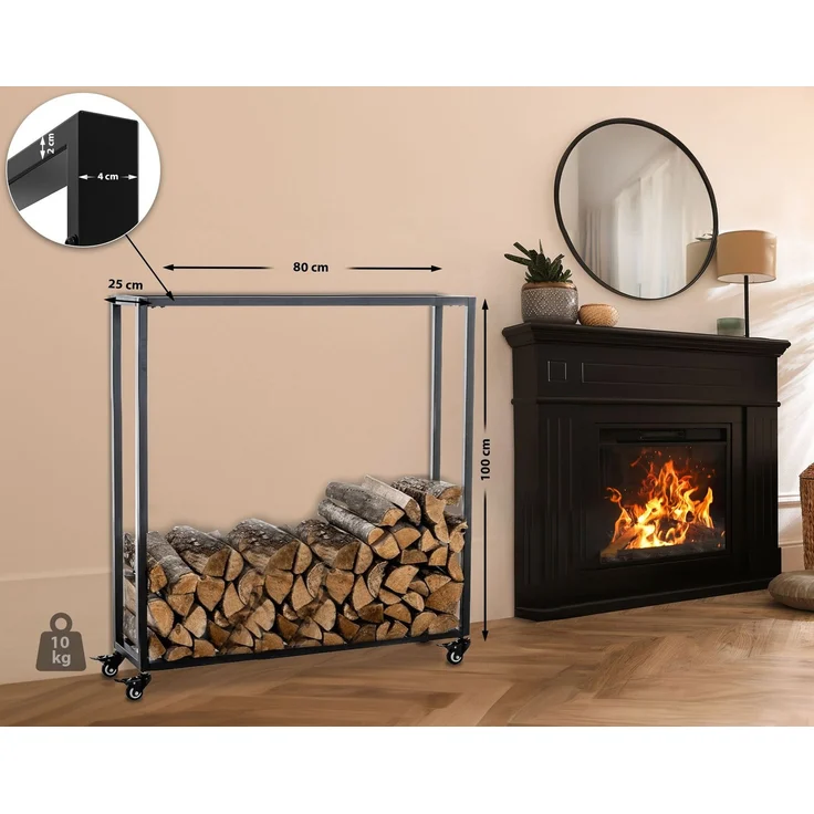 DELUKE® Kaminholzregal innen Metall BETTA - mit Rollen, 25x80x100 Brennholzregal innen Kaminholzständer Kaminholzhalter Feuerholzregal Innen Holz stapeln Wohnzimmer – Bild 7