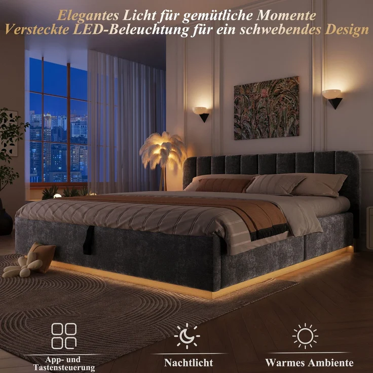 Polsterbett mit LED-Beleuchtung und Stauraum, 180x200 cm, gepolsterter Kopfteil, Doppelbett, Stauraumbett, Chenille – Bild 2
