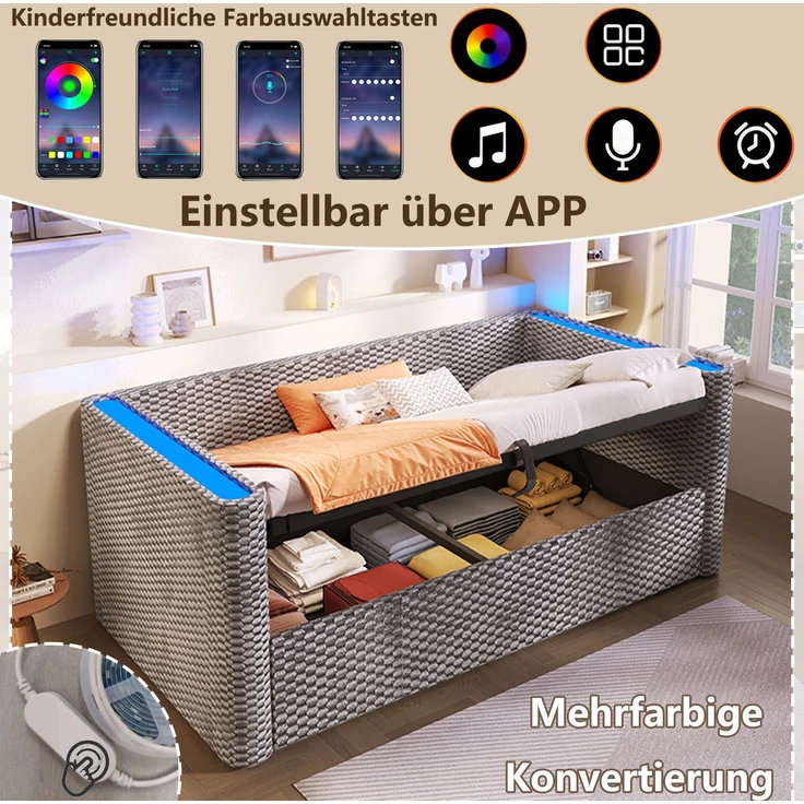 Schlafsofa mit Bettfunktion, Stauraum und LED-Beleuchtung 90x200 cm, Polsterbett, Jugendbett, Einzelbett, Samt – Bild 5