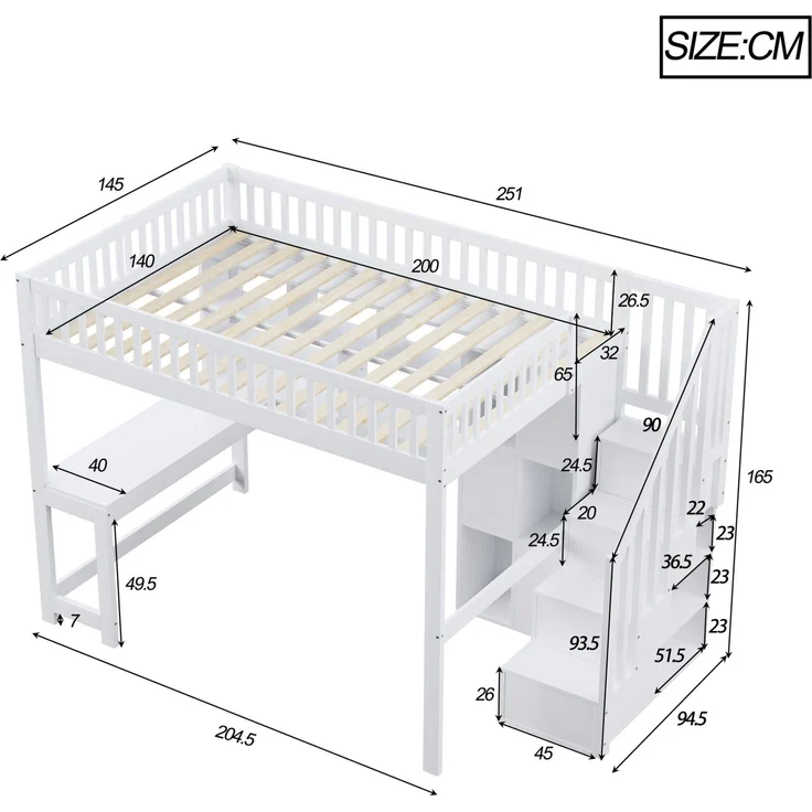 CHICFURN Hochbett aus Kiefernholz, MDF und Sperrholz Weiß 140x200 cm mit LED-Beleuchtung und Ablageleiter – Bild 10