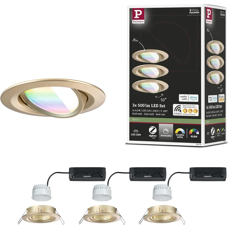 Paulmann 92436 LED Einbauleuchte Nova Coin 3er-Set Zigbee RGBW Gold matt