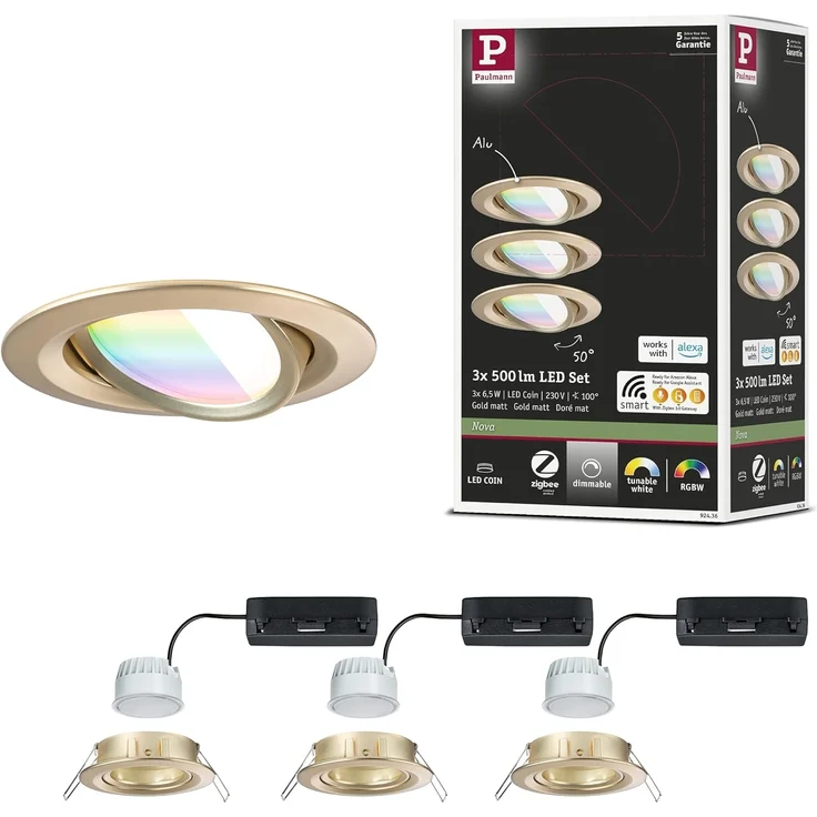 Paulmann 92436 LED Einbauleuchte Nova Coin 3er-Set Zigbee RGBW Gold matt – Bild 1