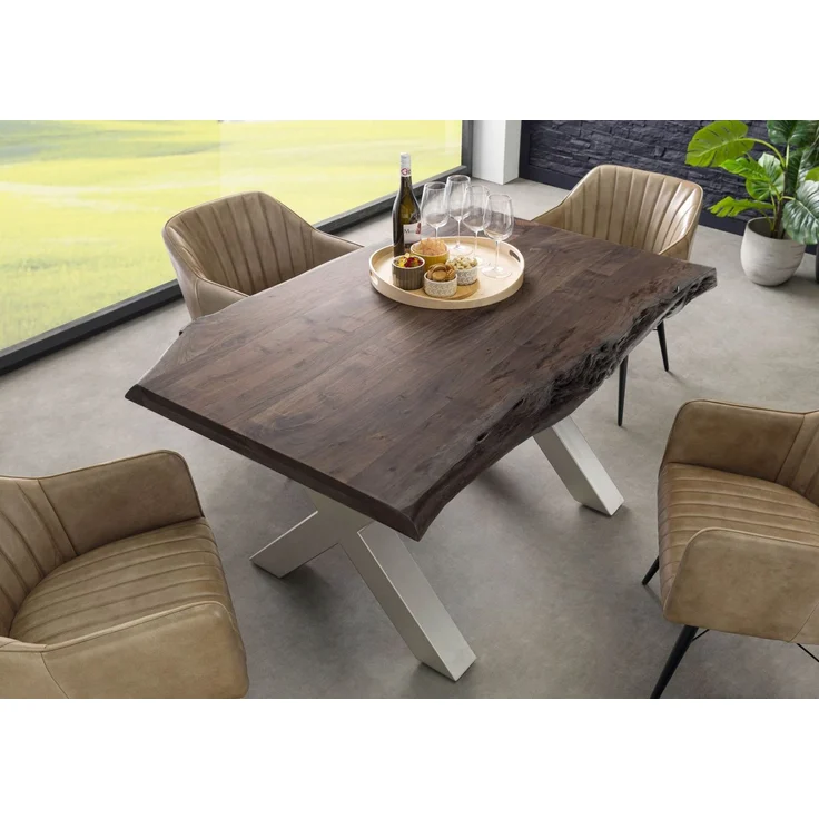 Baumtisch Akazie 140x90x77 grau lackiert / X-Beine silber matt FREEFORM 5 – Bild 2