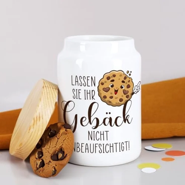 Herz & Heim Keksdose mit lustigem Aufdruck - Vorratsdose für Kekse & Gebäck, Keramik, mit Holzdeckel – Bild 3