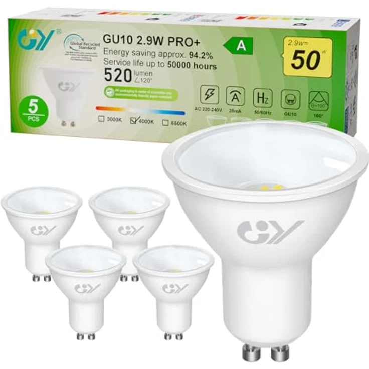 GY GU10 LED Neutralweiss Lampe 2,9W 520 lúmenes 4000K Neutralweiß Glühbirnen, 50W lampe ersetzt, Abstrahlwinkel 110° Leuchtmittel, Nicht Dimmbar Energiesparlampe, 5er-Pack – Bild 1
