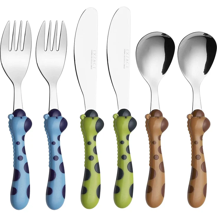 EXZACT 6-tlg Kinderbesteckset aus rostfreiem Stahl- 2 x Gabeln, 2 x Sicherheitsmesser, 2 x Esslöffel (Giraffe x 6)