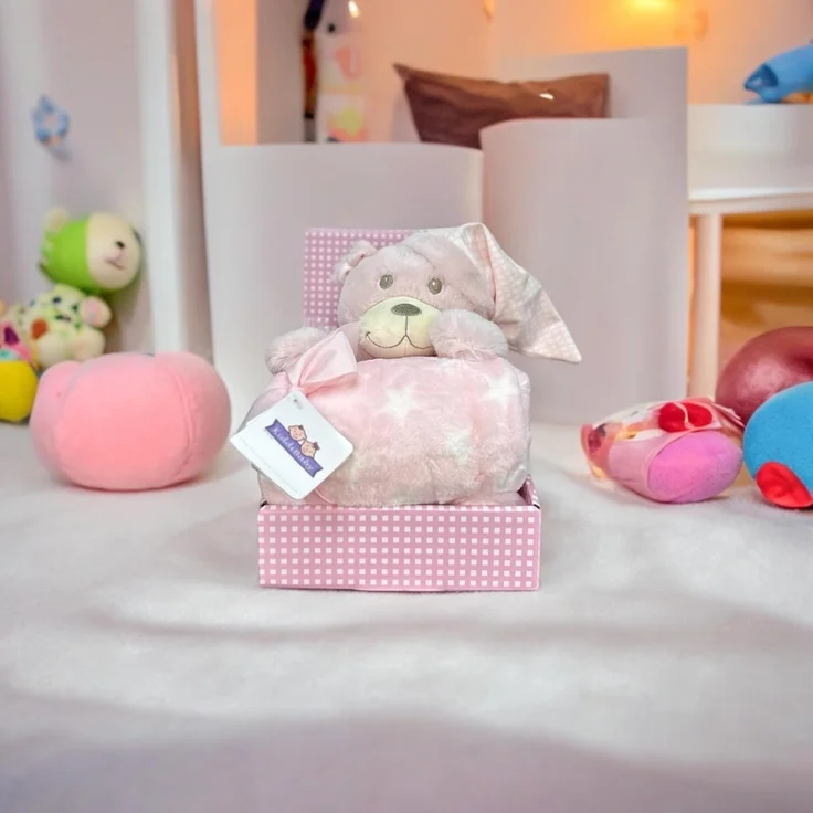 Babydecke mit Name & Geburtsdatum bestickt inkl. Plüsch Stofftier - Geschenk Taufe Geburt/CE-Zertifizierung (Rosa - TEDDY mit SCHLAFMÜTZE) – Bild 3