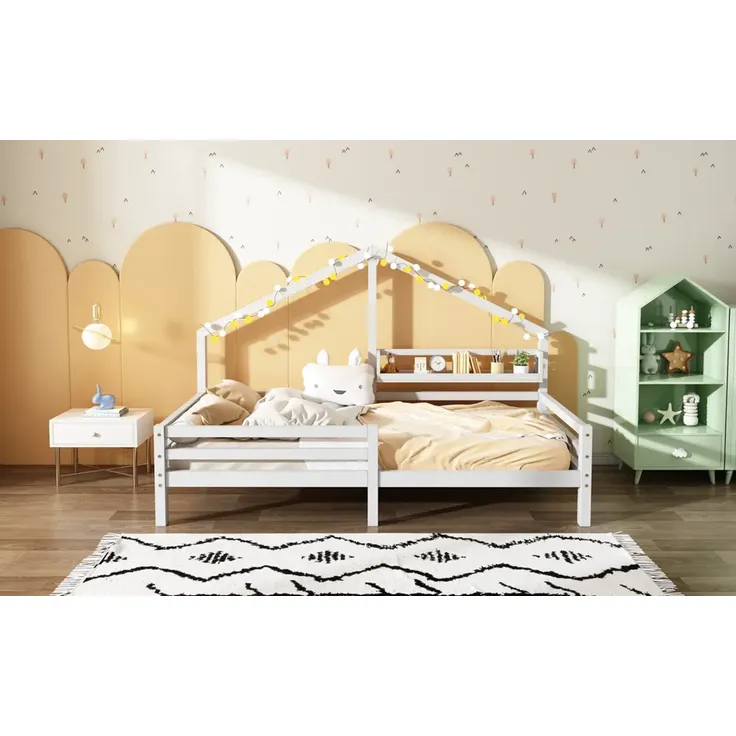 Kinderbett, Hausbett mit Rausfallschutz, Lattenrost und Regal, 90x200 cm, Einzelbett, Holzbett – Bild 2