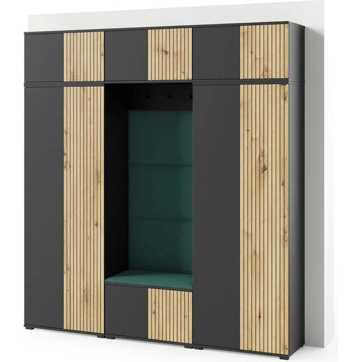 Garderoben-Set Rosario Version 4 mit Lamellen, Kleiderschrank mit Polsterplatten und Schuhschrank (Schwarz / Eiche Artisan, Trinity 28), 225 x 40 x 210 cm