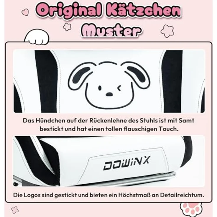 Dowinx Gaming Stuhl - Süße Hund Edition - Ergonomischer Computerstuhl mit Hoher Rückenlehne und Lendenwirbelstütze, PU-Leder, Fußstütze, Weiße Hund – Bild 6