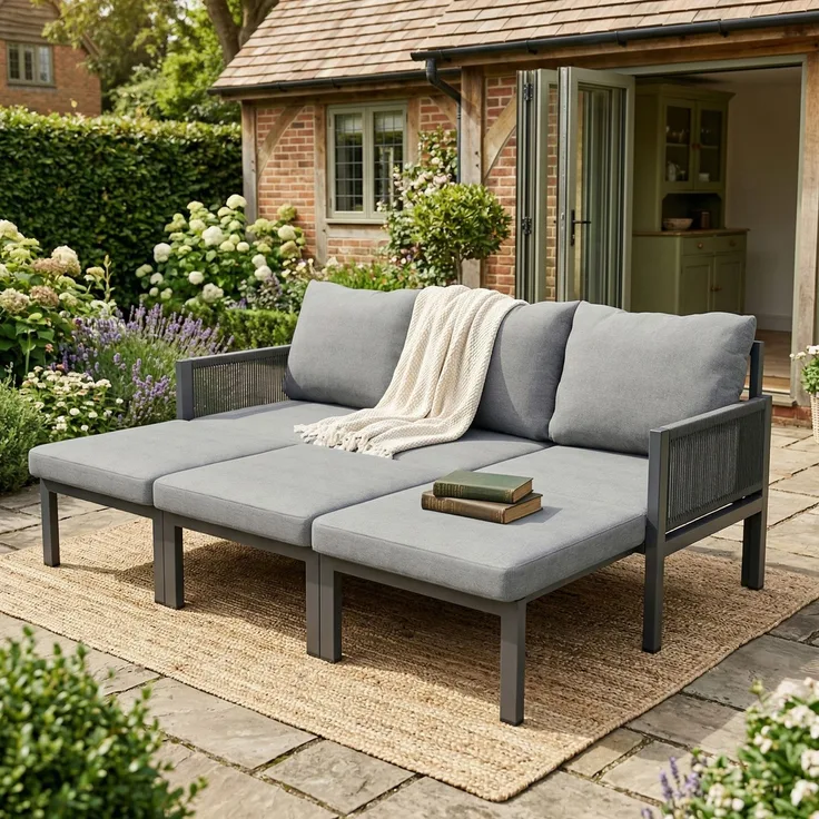 Merax Gartenmöbel-Set, Outdoorsofa, 3-Sitzer-Sofa, Multifunktionales Sofa, lässt sich in einen Liegesessel verwandeln, verzinktes Eisen, grau