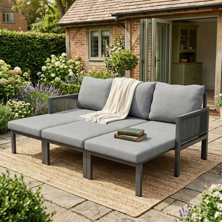 Merax Gartenmöbel-Set, Outdoorsofa, 3-Sitzer-Sofa, Multifunktionales Sofa, lässt sich in einen Liegesessel verwandeln, verzinktes Eisen, grau – Bild 1