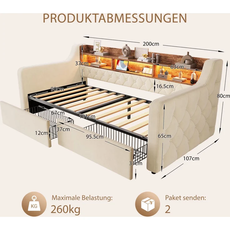 Polsterbett 90x190 cm in Beige mit LED, Ablagefläche und 2 Schubladen – Ohne Matratze – Bild 5