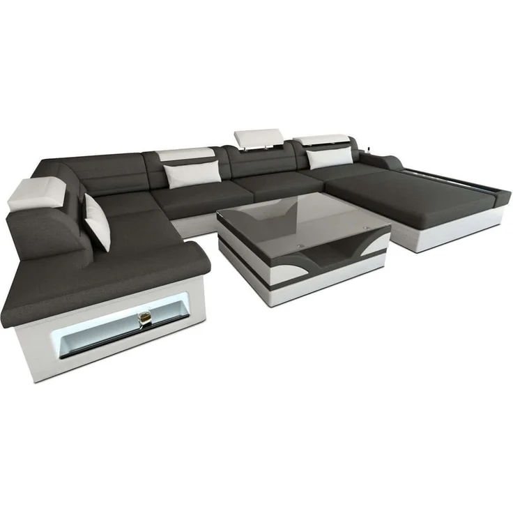 Wohnlandschaft Mezzo Materialmix mit LED - Mikrofaserstoff - Dunkelgrau-Weiß - Rechts – Bild 1
