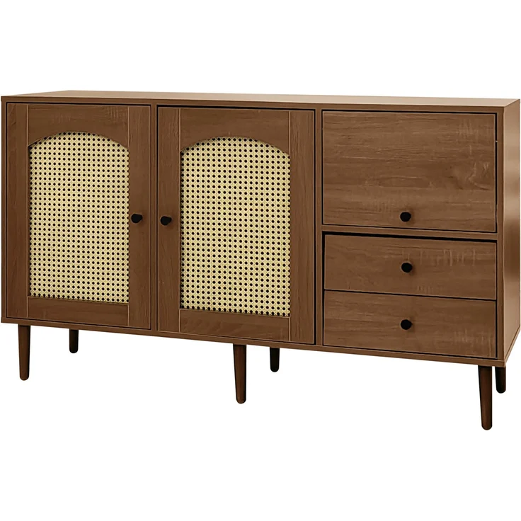 Sideboard 130 cm mit Rattantüren im Landhausstil, Holzfarbe, verstellbare Einlegeböden, großer Stauraum, magnetische Türen – Bild 7