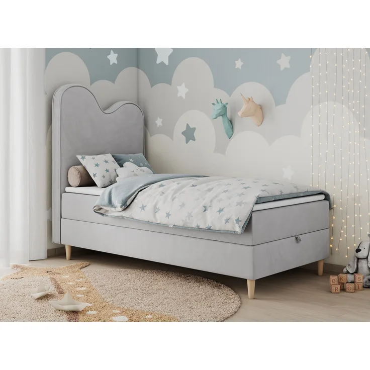 Kinderbett FLOW, Boxspringbett für Kinder, mit hohem Kopfteil, Einzelbett mit Matratze - 90x160 - Hellgrau Velours - Topper T25