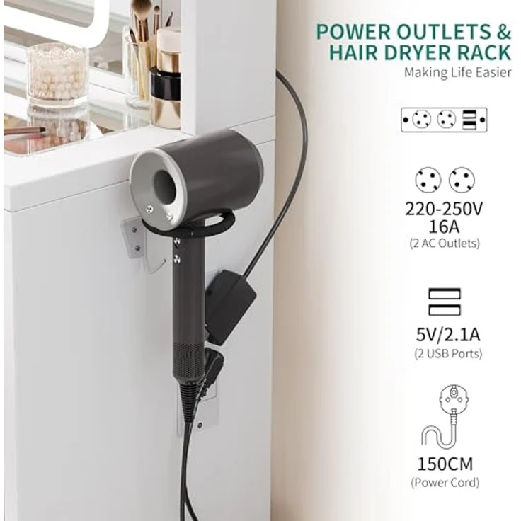 YITAHOME Klein Schminktisch mit Verstellbarer LED-Beleuchtung und Steckdosen, Frisiertisch für das Schlafzimmer, Make-up-Tisch mit transparenter Glasplatte, weiß, 80 x 40 x 140 cm – Bild 4