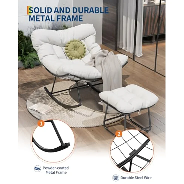 GarveeHome Schaukelstuhl Oversized mit Fußhocker, Schaukelsessel mit dickem Kissen & Metallrahmen, Relaxsessel für Poolside, Garten und Hinterhof, Tragfähigkeit – Bild 4