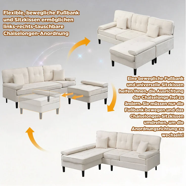 DESVIAE Sofa Hellbeige aus Chenille – 195x86x149 cm – Fußbank, Schlaffunktion – Bild 5
