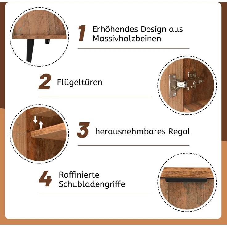 DESVIAE Sideboard mit 3 Schubladen und verstellbaren Einlegeböden, 140x70x35 cm, Spanplatte, Antikbraun – Bild 5